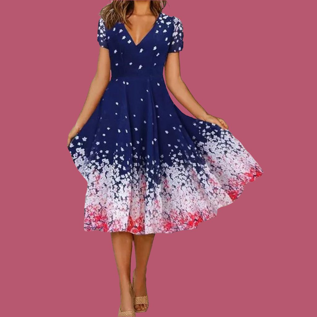 Beautiful Floral Printed V-Neck Short Sleeve Summer Dress for Women.
