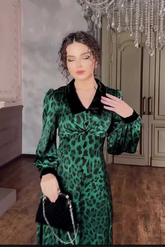 Dark Green Leopard Print Dress with Long Sleeves and Belted Waist - Sizes S to XXL.