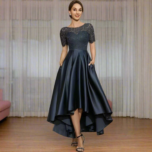 Elegant Lace Party Dress With Short Front And Long Back Design In Navy Blue - Sizes US2-26W.