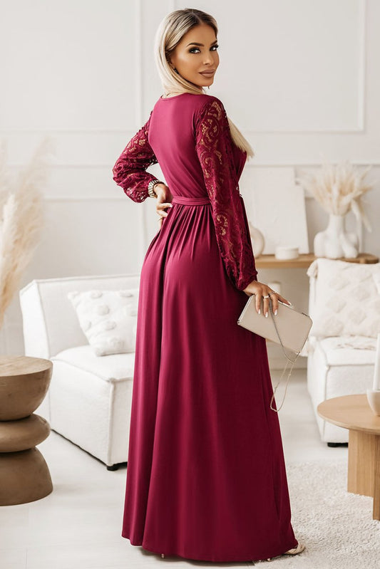 Elegant Long Dress for Women - Lace Detail Surplice Tie - Waist Maxi Dress by Kenike - Allen - Fitness