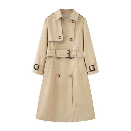 Elegant women's belted trench coat in deep khaki with long sleeves and classic button closure