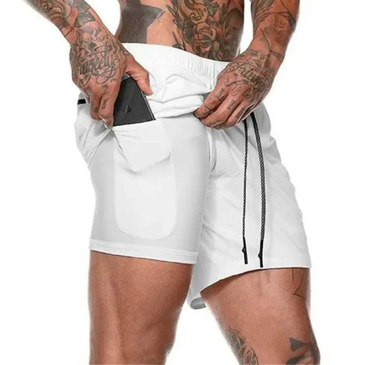 Men wearing white breathable gym shorts with inner compression layer and phone pocket