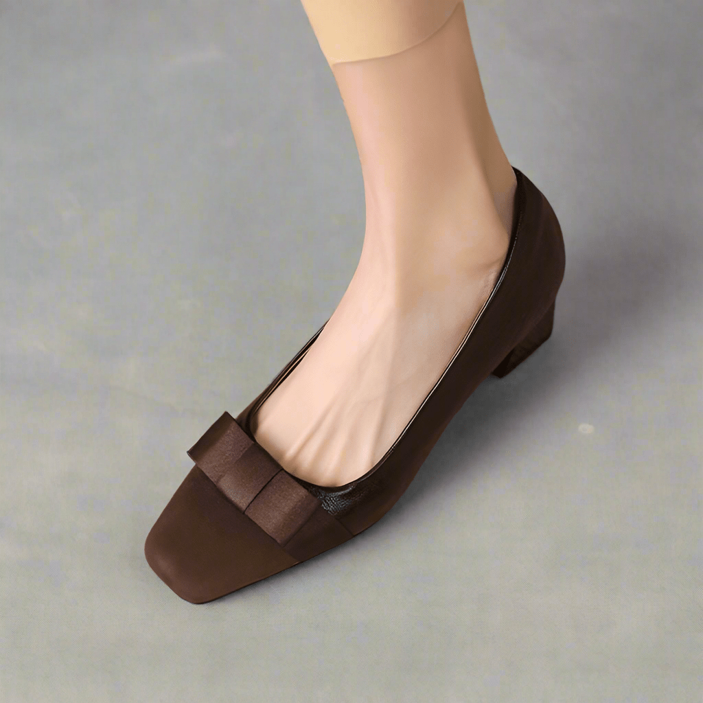 Retro Square Head Stitching Chunky Heel Pumps Women's Spring And Autumn New Bow Low - cut High Heels - Allen - Fitness