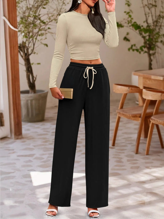 Two Piece Outfit for Lounging: Round Neck Long Sleeve Top and Soft Pants Set by Kenike - Allen - Fitness