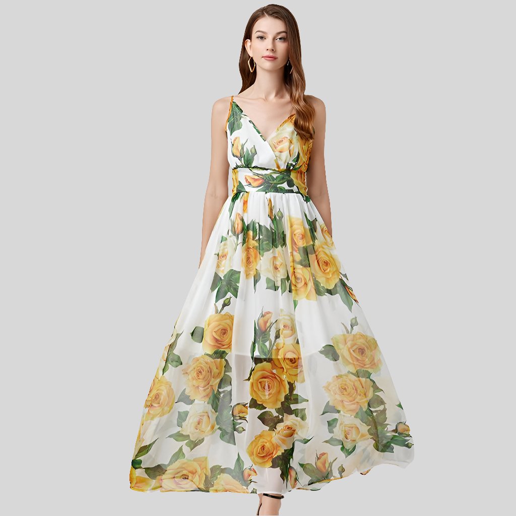 Women's High Waist Dress with Printed Pattern and Elegant Sling Chiffon - Allen - Fitness