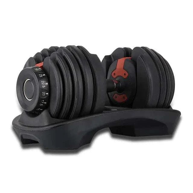 24KG black and red adjustable dumbbell with steel and rubber construction on a compact black stand for home fitness