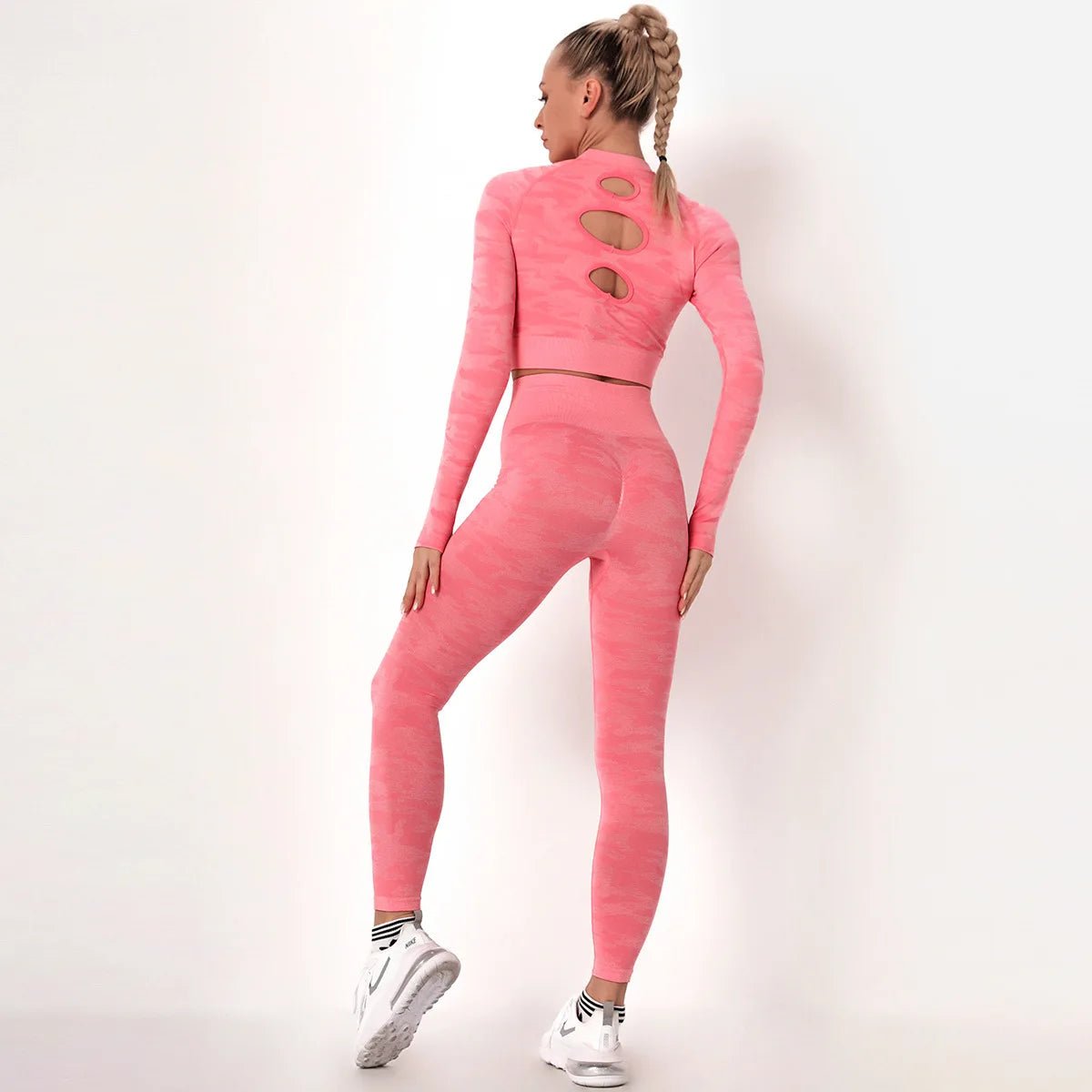 Women 2 Pieces Backless Breathable Long Sleeve Top Seamless Leggings Set Camouflage Activewear Yoga Suit - Allen Fitness