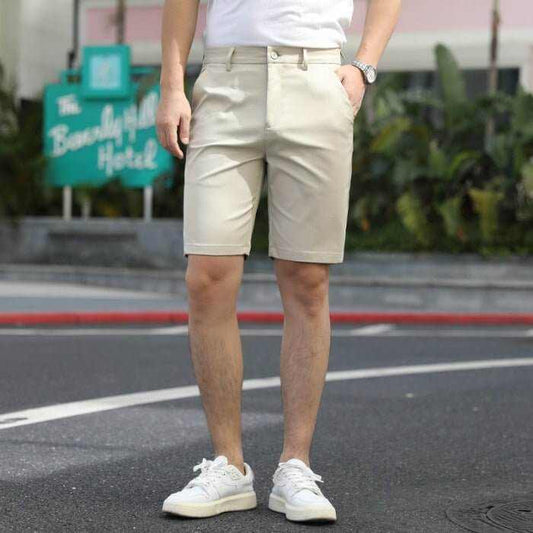 Men's casual beige summer pants with elastic waistband and knee-length design for comfort and style