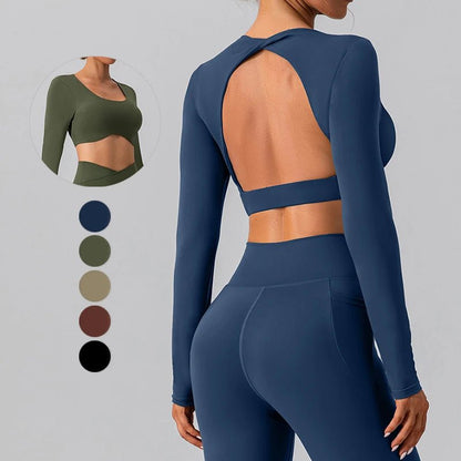 Backless Yoga Sport Bras Long Sleeve Fitness T Shirt Women Breathable Tops - Allen - Fitness