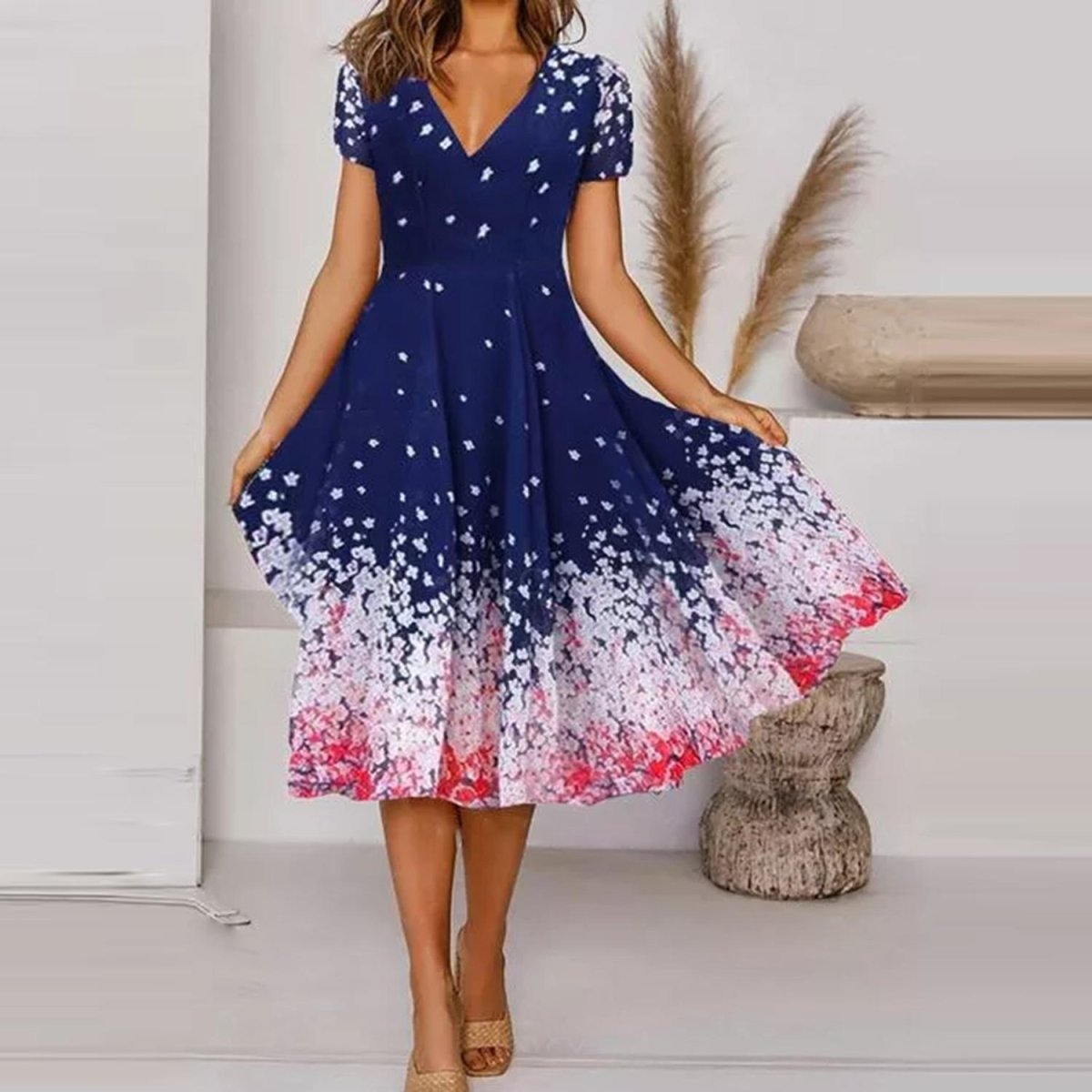 Beautiful Floral Printed V-Neck Short Sleeve Summer Dress for Women.