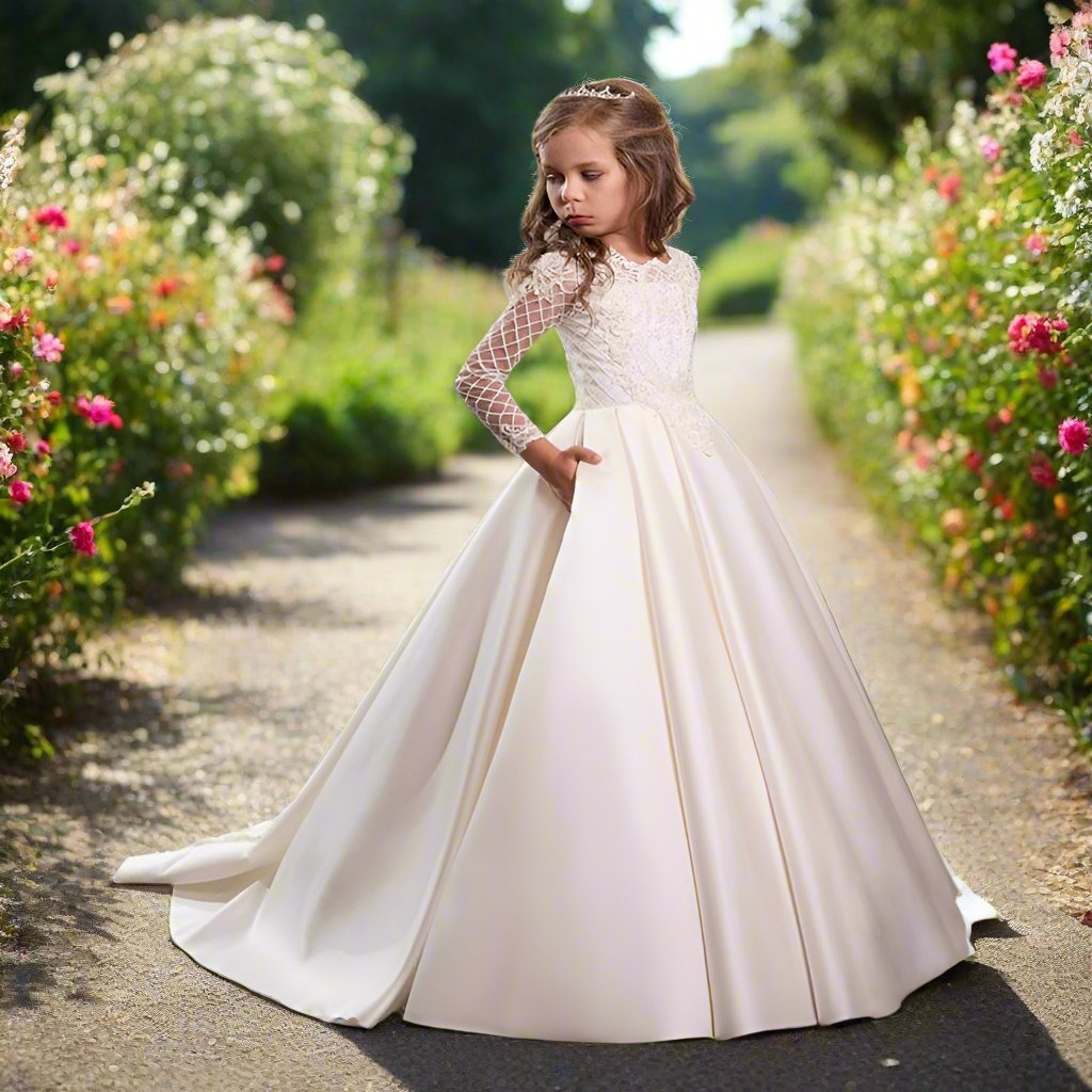 Bridal Flower Girl Dress Long Sleeve Champagne White Polyester Customized Size Options.