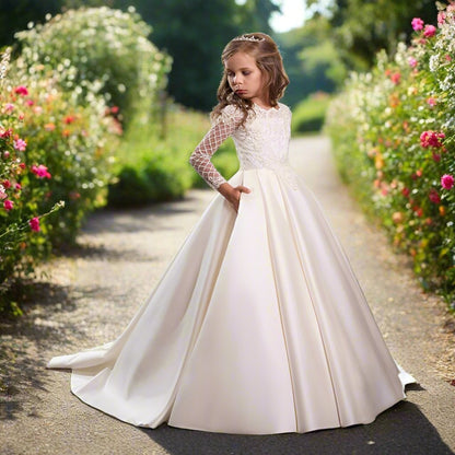 Bridal Flower Girl Dress Long Sleeve Champagne White Polyester Customized Size Options.