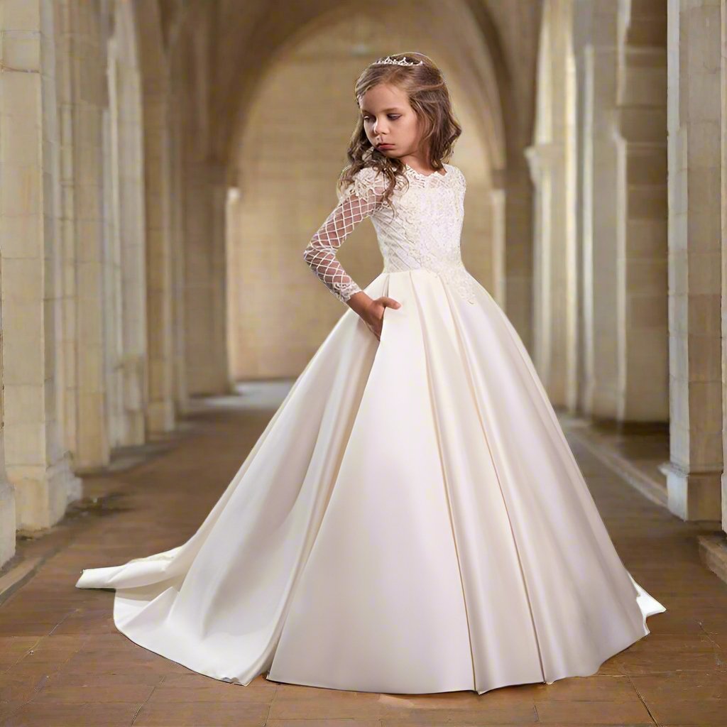 Bridal Flower Girl Dress Long Sleeve Champagne White Polyester Customized Size Options.