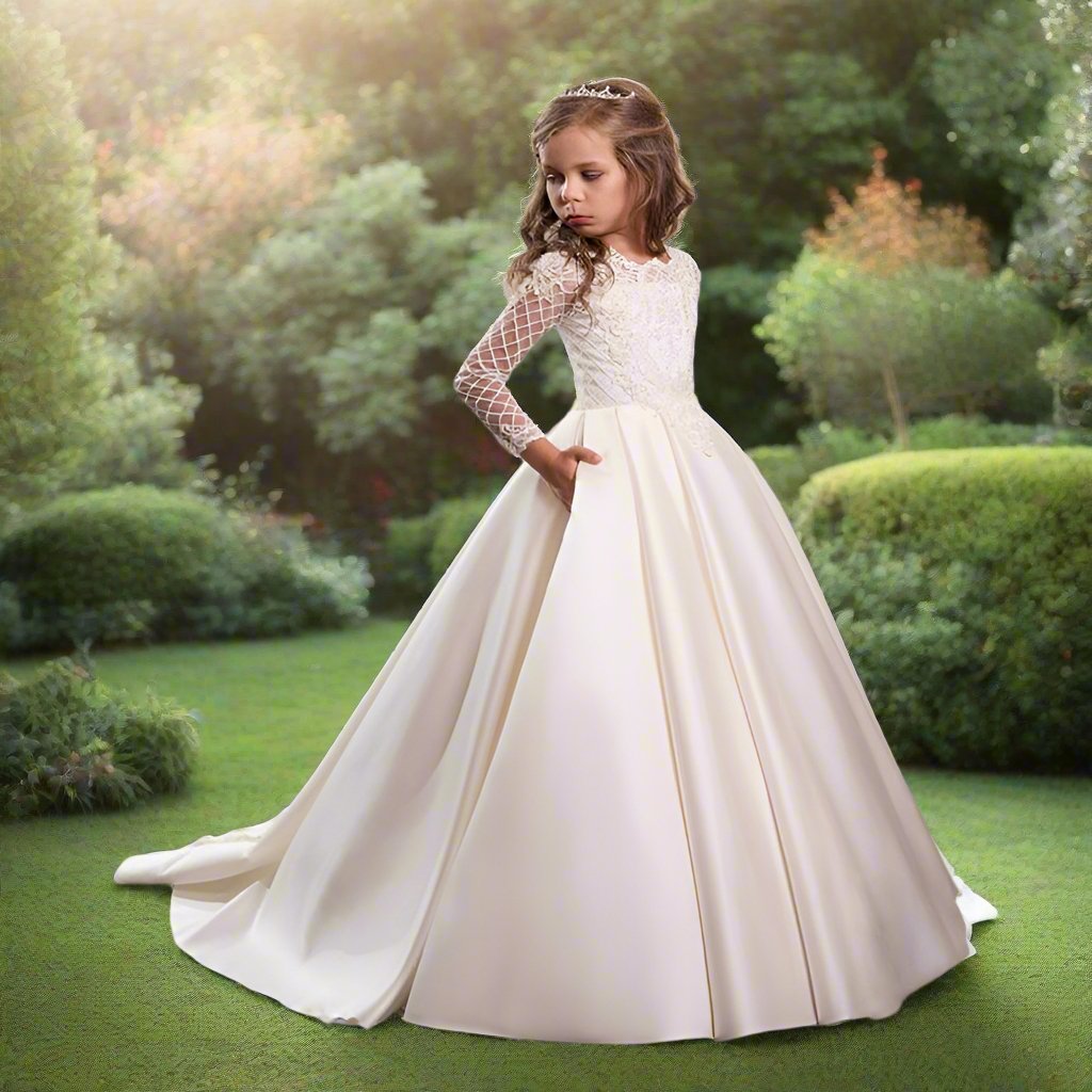 Bridal Flower Girl Dress Long Sleeve Champagne White Polyester Customized Size Options.