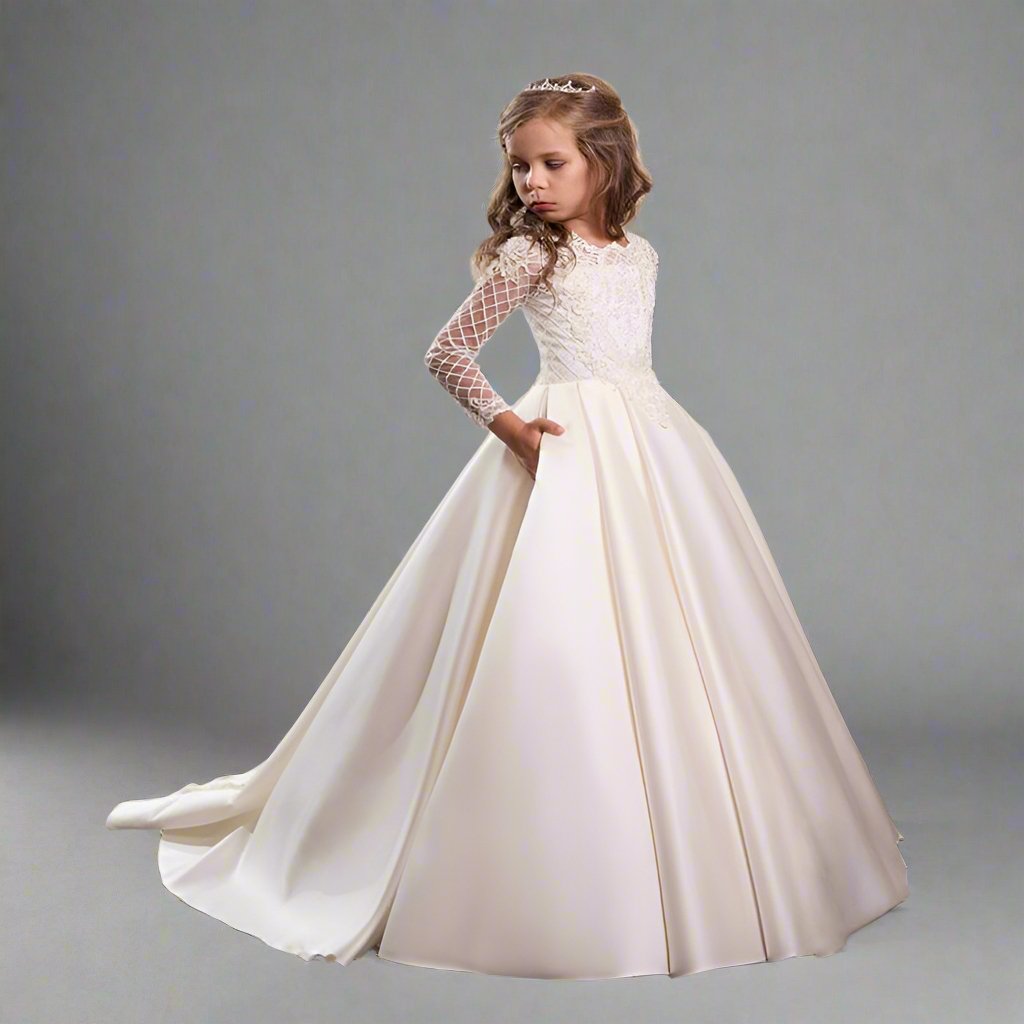 Bridal Flower Girl Dress Long Sleeve Champagne White Polyester Customized Size Options.