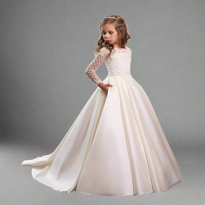 Bridal Flower Girl Dress Long Sleeve Champagne White Polyester Customized Size Options.