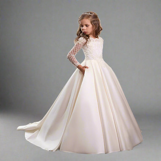 Bridal Flower Girl Dress Long Sleeve Champagne White Polyester Customized Size Options.