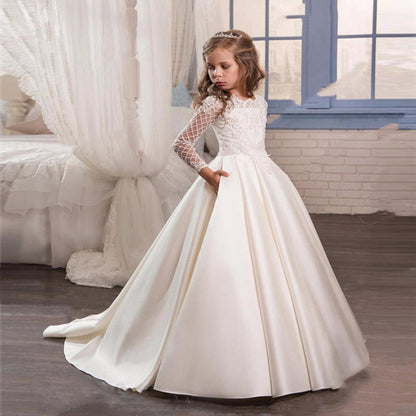 Bridal Flower Girl Dress Long Sleeve Champagne White Polyester Customized Size Options.