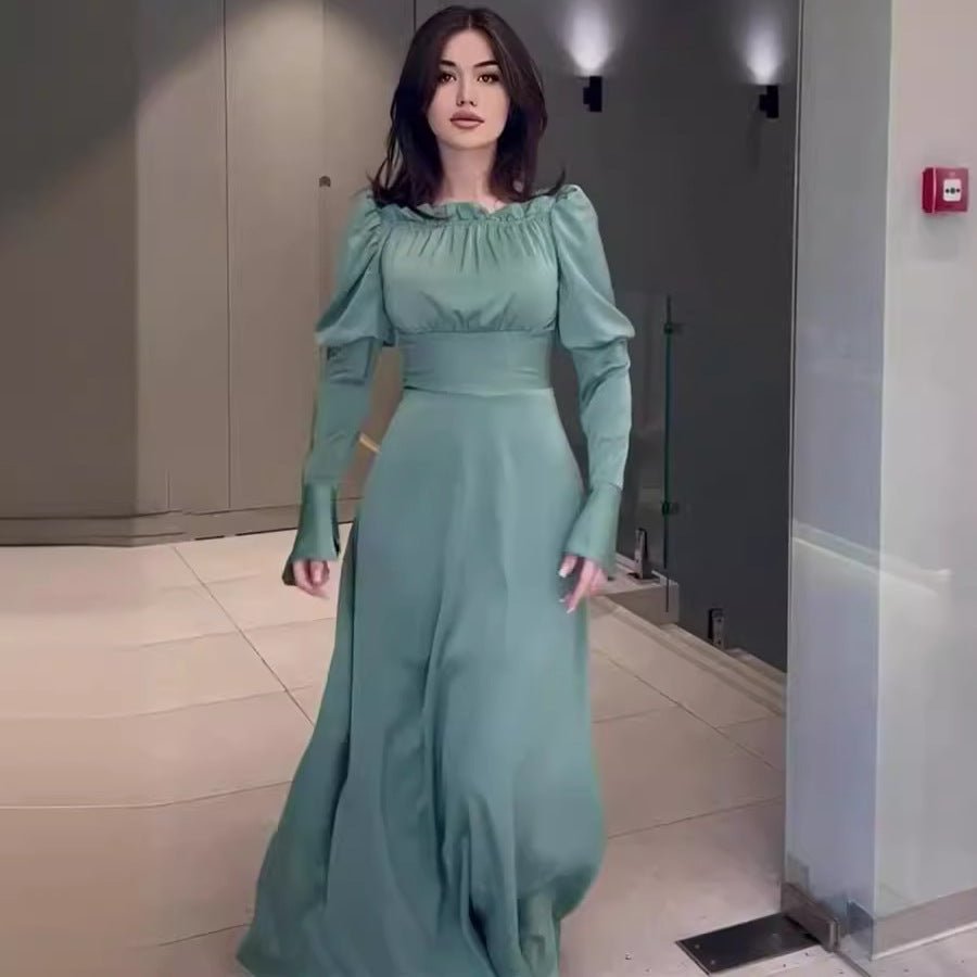 Bubble Collar Wooden Ear Waist Tight Solid Color Long Sleeve Dress.