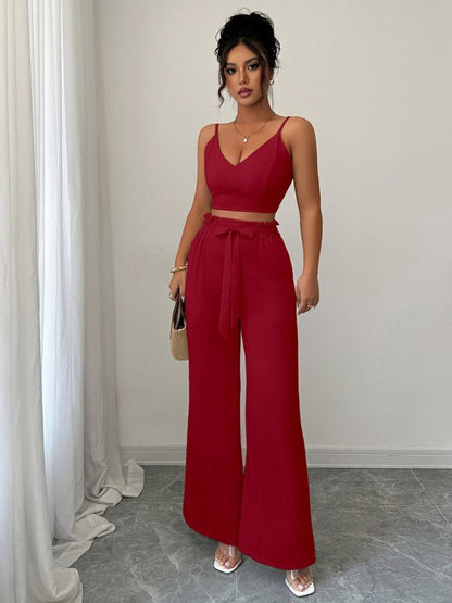 Burgundy suspender vest wide - leg pants two - piece set - Allen - Fitness