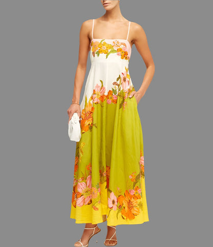 Casual Summer Dress For Women - Stylish Sleeveless High Waist Linen Swing Dress in Picture Color.