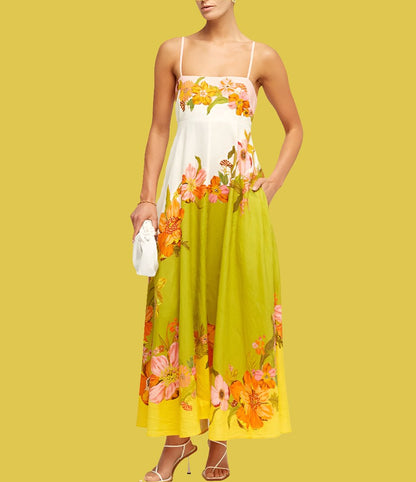 Casual Summer Dress For Women - Stylish Sleeveless High Waist Linen Swing Dress in Picture Color.