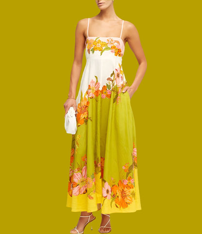 Casual Summer Dress For Women - Stylish Sleeveless High Waist Linen Swing Dress in Picture Color.