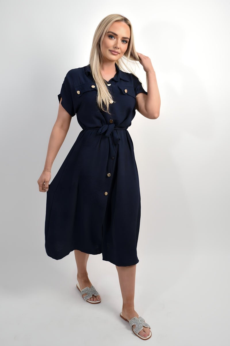 Collared Button Down Short Sleeve Tie Waist Midi Dress - Allen - Fitness