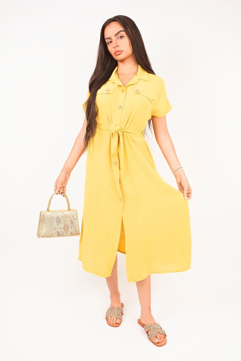 Collared Button Down Short Sleeve Tie Waist Midi Dress - Allen - Fitness