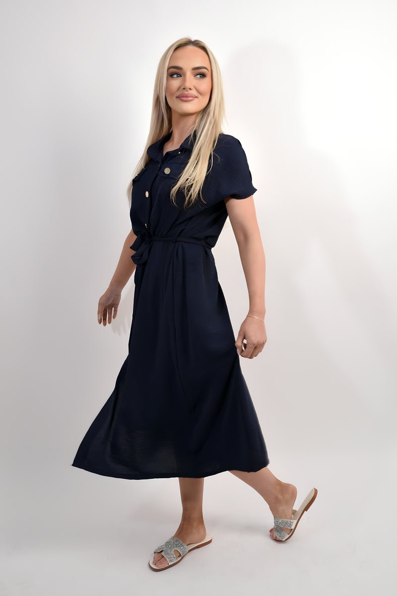 Collared Button Down Short Sleeve Tie Waist Midi Dress - Allen - Fitness