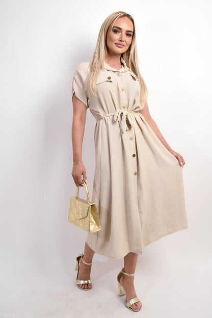Collared Button Down Short Sleeve Tie Waist Midi Dress - Allen - Fitness