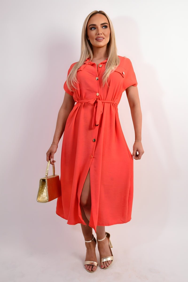 Collared Button Down Short Sleeve Tie Waist Midi Dress - Allen - Fitness
