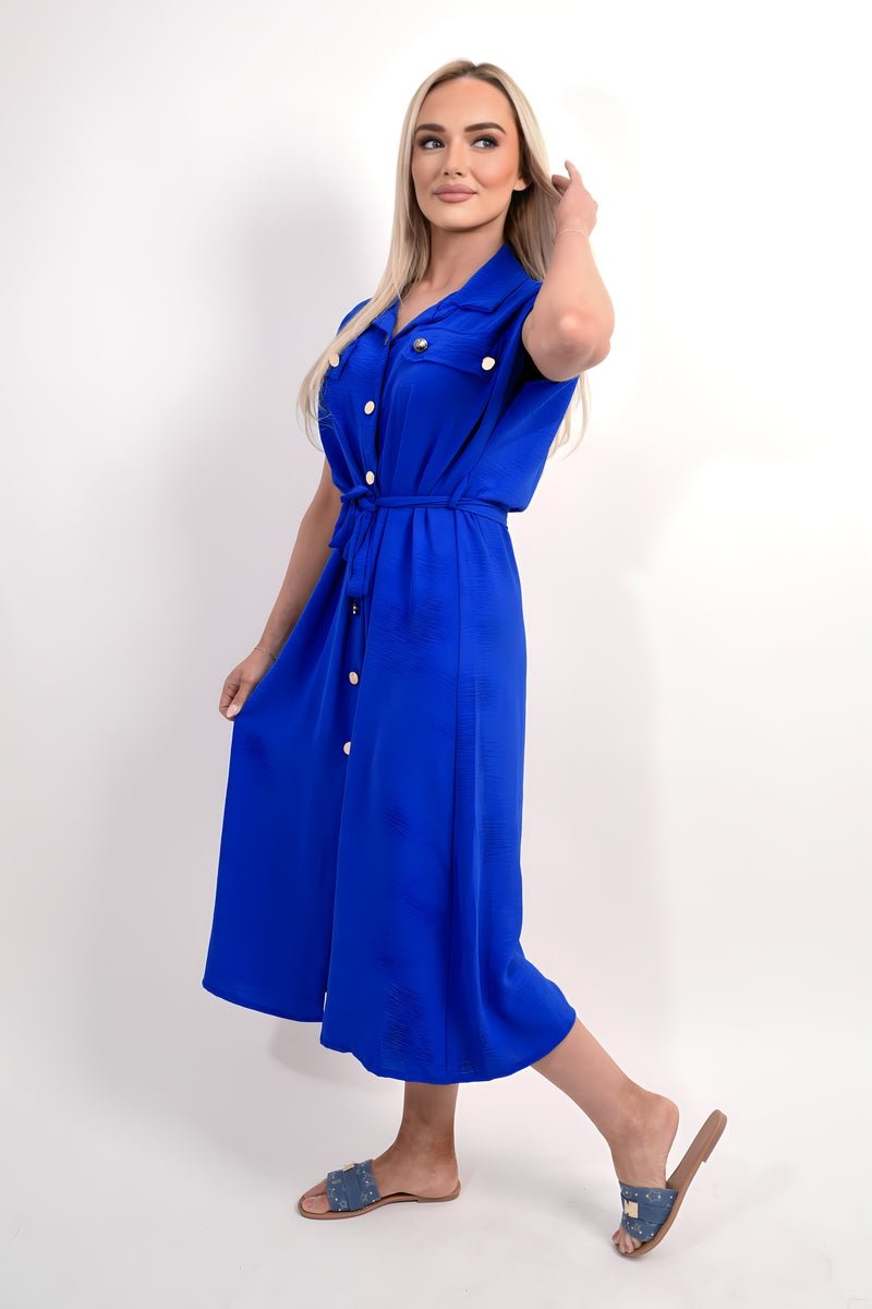 Collared Button Down Short Sleeve Tie Waist Midi Dress - Allen - Fitness