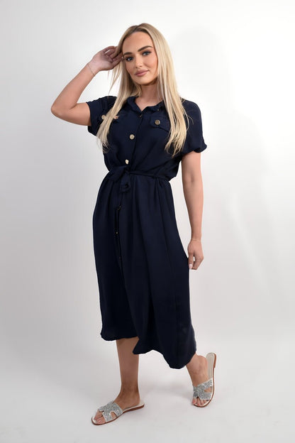 Collared Button Down Short Sleeve Tie Waist Midi Dress - Allen - Fitness