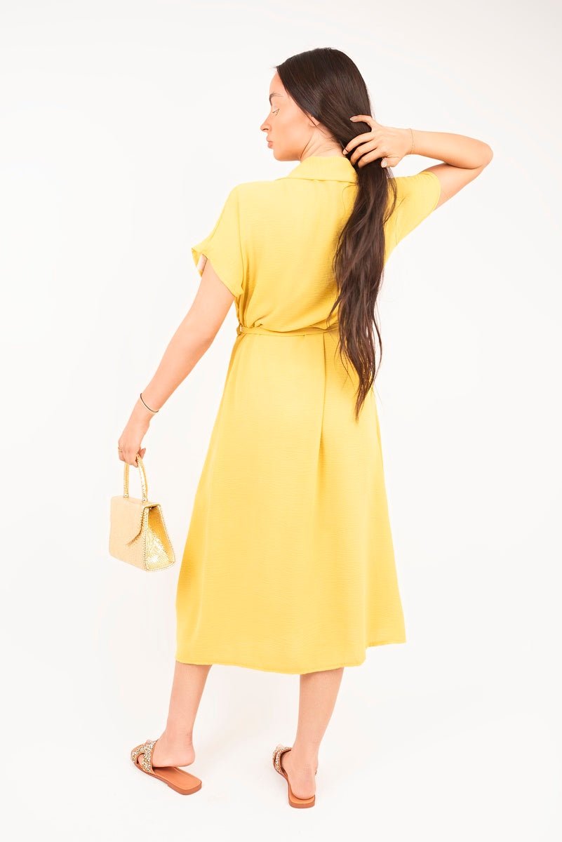 Collared Button Down Short Sleeve Tie Waist Midi Dress - Allen - Fitness
