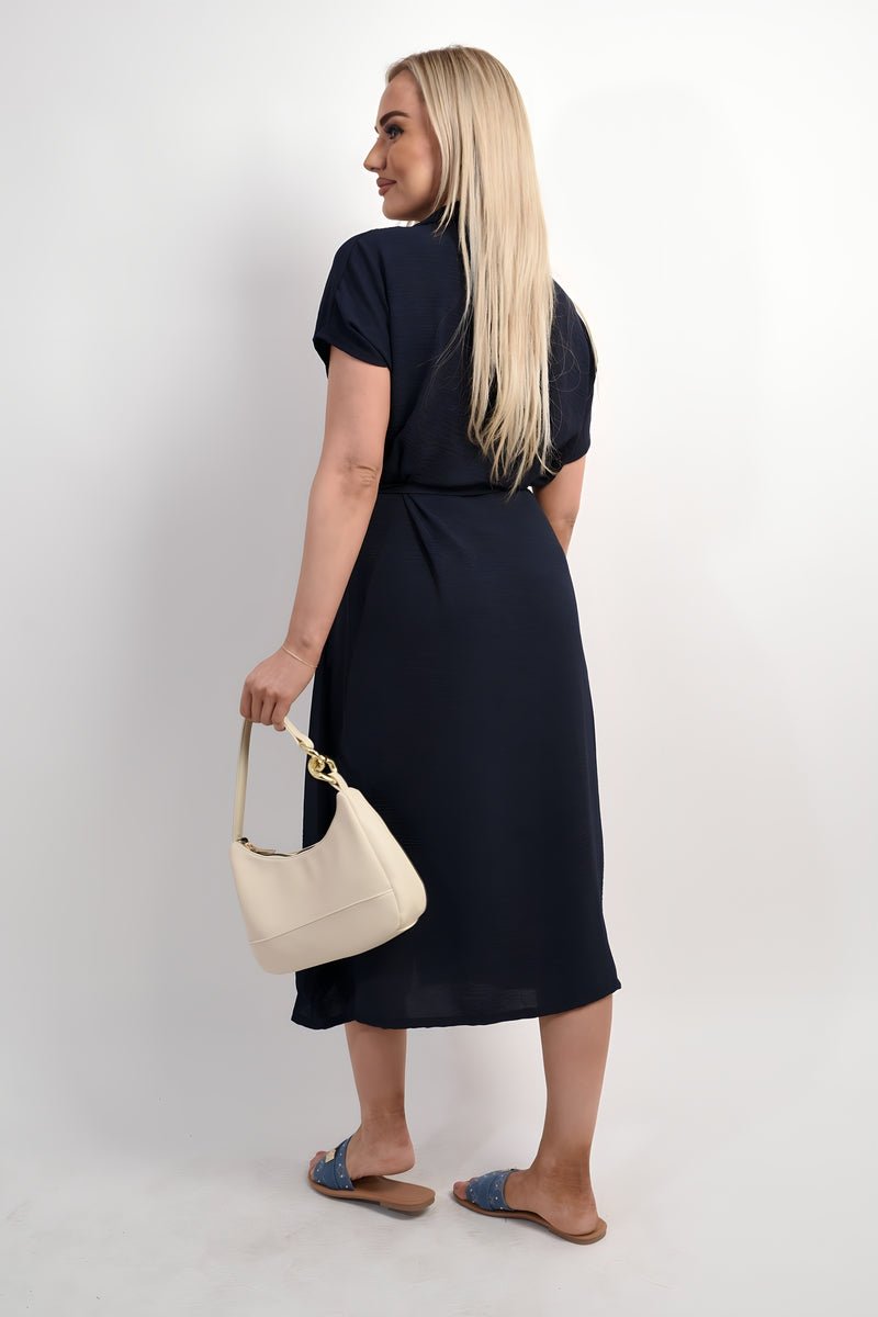 Collared Button Down Short Sleeve Tie Waist Midi Dress - Allen - Fitness