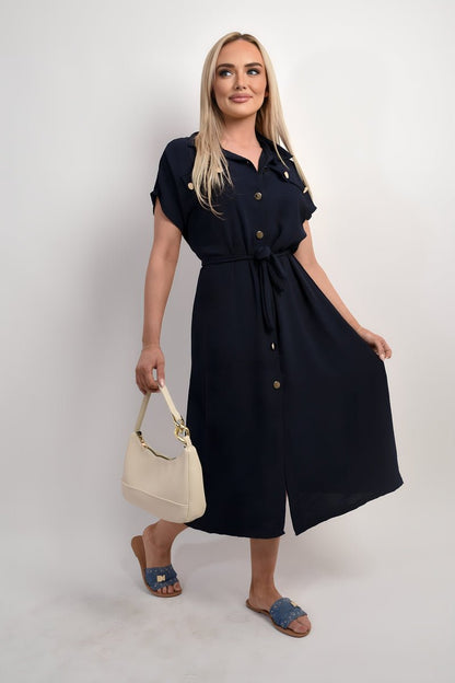 Collared Button Down Short Sleeve Tie Waist Midi Dress - Allen - Fitness