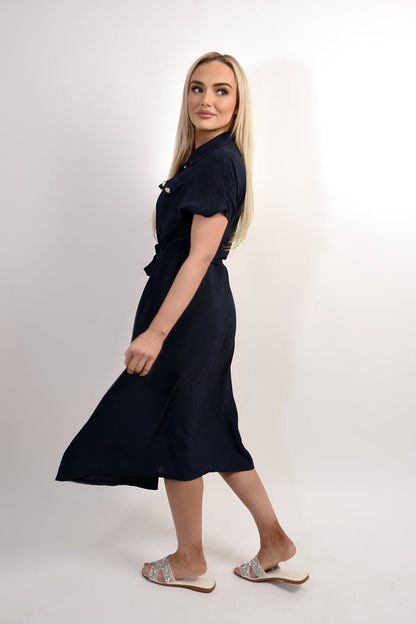 Collared Button Down Short Sleeve Tie Waist Midi Dress - Allen - Fitness