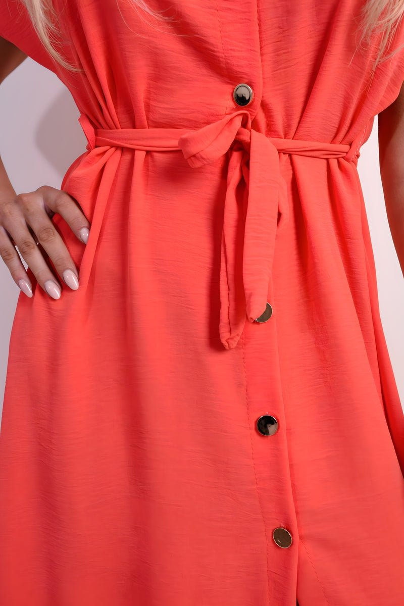 Collared Button Down Short Sleeve Tie Waist Midi Dress - Allen - Fitness