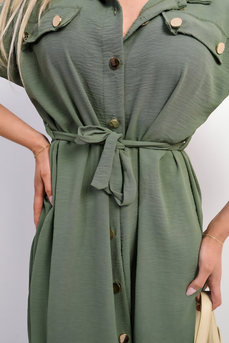 Collared Button Down Short Sleeve Tie Waist Midi Dress - Allen - Fitness