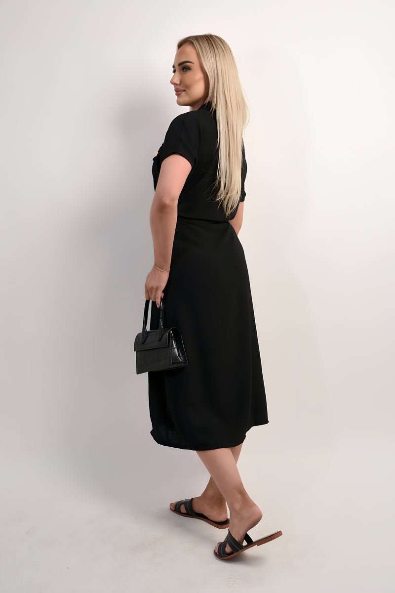 Collared Button Down Short Sleeve Tie Waist Midi Dress - Allen - Fitness