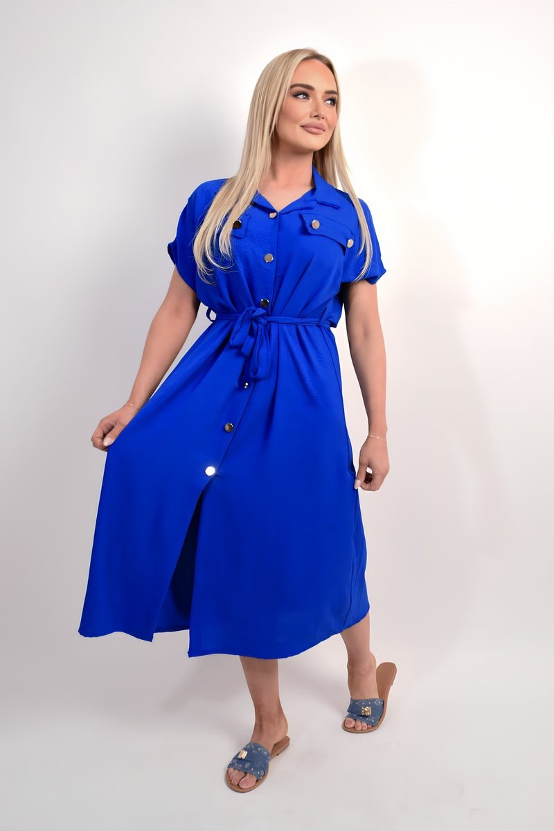 Collared Button Down Short Sleeve Tie Waist Midi Dress - Allen - Fitness