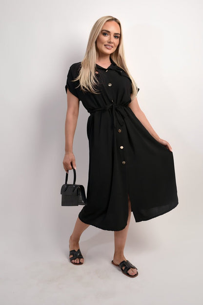 Collared Button Down Short Sleeve Tie Waist Midi Dress - Allen - Fitness