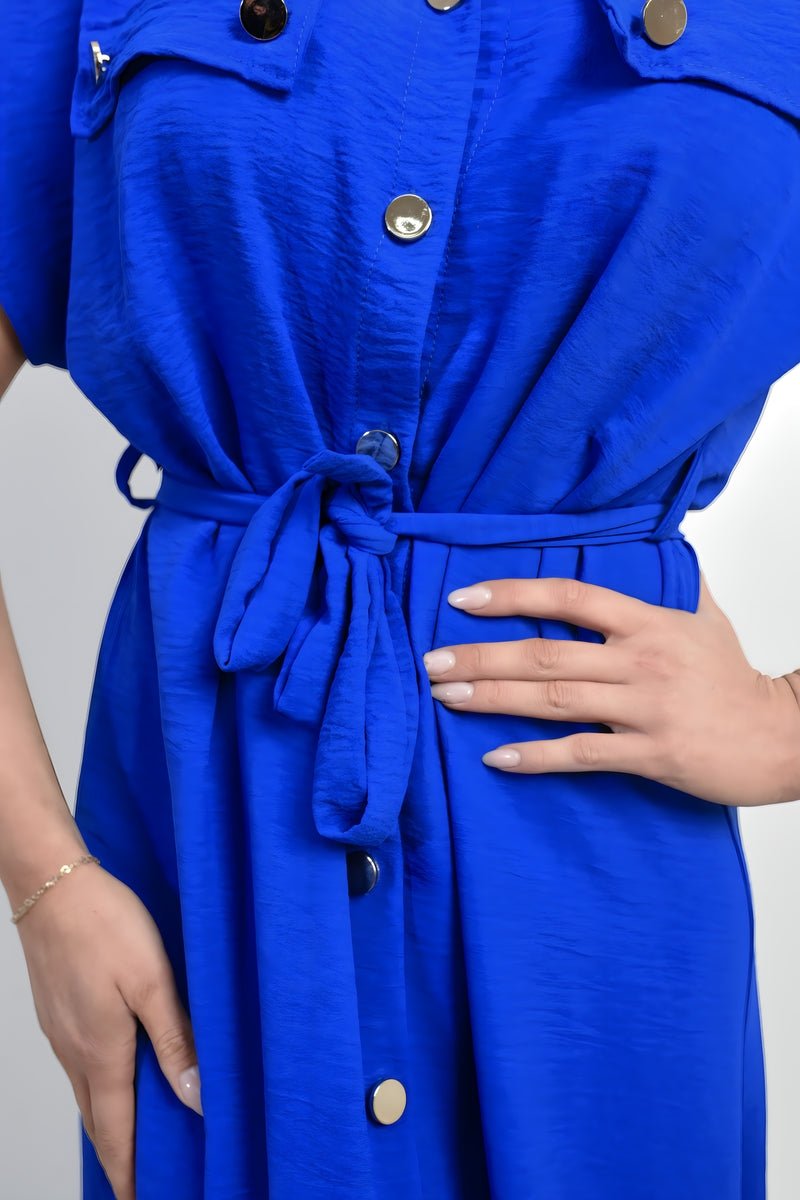 Collared Button Down Short Sleeve Tie Waist Midi Dress - Allen - Fitness