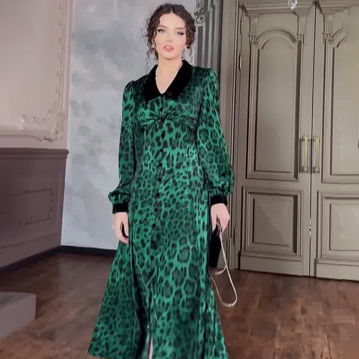 Dark Green Leopard Print Dress with Long Sleeves and Belted Waist - Sizes S to XXL.