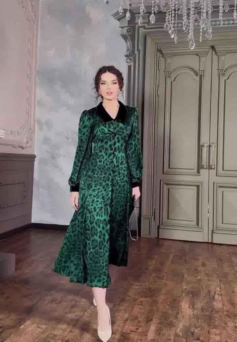 Dark Green Leopard Print Dress with Long Sleeves and Belted Waist - Sizes S to XXL.