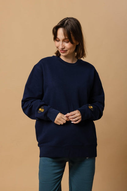 Eco - Friendly Sweatshirt with Embroidered Bee - Soft Organic Cotton Navy Casual Wear - Allen - Fitness