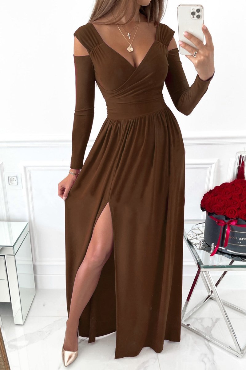 Elegant Evening Dress: Slit Surplice Long Sleeve Maxi Dress with Stretchy Fit by Kenike - Allen - Fitness