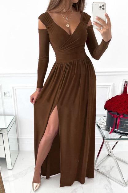Elegant Evening Dress: Slit Surplice Long Sleeve Maxi Dress with Stretchy Fit by Kenike - Allen - Fitness
