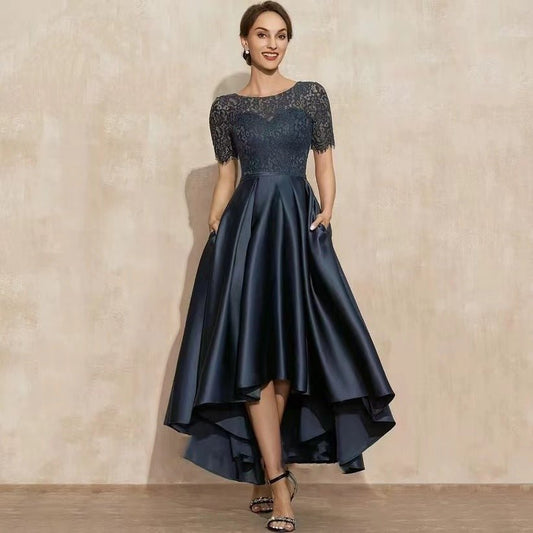 Elegant Lace Party Dress With Short Front And Long Back Design In Navy Blue - Sizes US2-26W.